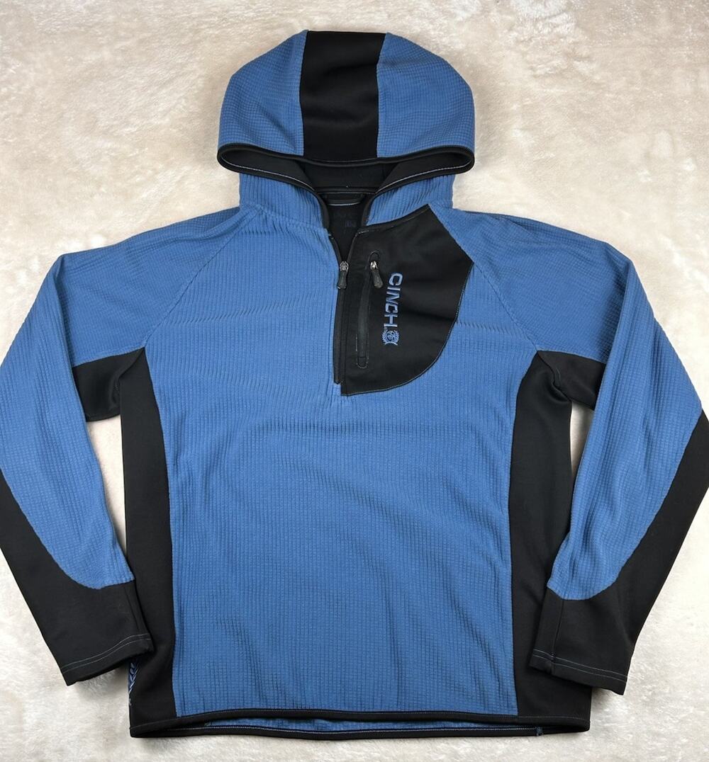 CINCH Jacket Men's Sz L Blue Black Pullover Long Sleeved Hooded Waffle Knit